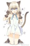  1girl animal_ears bangs blonde_hair blue_eyes blush braid breasts brown_gloves cat_ears cat_girl cat_tail dress eyebrows_visible_through_hair fang fur-trimmed_gloves fur_trim gloves hair_between_eyes kneeling long_hair looking_at_viewer mishima_kurone open_mouth original paw_pose simple_background small_breasts smile solo star starry_background tail twitter_username white_background white_dress 