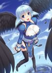  1girl black_legwear blue_eyes blue_hair breasts day full_body kamyu large_breasts looking_at_viewer miyai_max sky smile solo thigh-highs utawareru_mono utawareru_mono:_itsuwari_no_kamen wings 