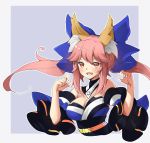  1girl animal_ears bad_id bad_pixiv_id blush bow breasts cleavage detached_sleeves fate/extra fate/grand_order fate_(series) fox_ears hair_bow hair_ribbon japanese_clothes large_breasts looking_at_viewer ootsuki_momiji open_mouth pink_hair ribbon solo tamamo_(fate)_(all) tamamo_no_mae_(fate) yellow_eyes 