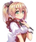 1girl blonde_hair blush bow corset detached_sleeves gan_(shanimuni) green_eyes hair_bow hair_ornament hairclip highres juliet_sleeves long_hair long_sleeves looking_at_viewer ponytail puffy_sleeves short_sleeves simple_background smile solo waitress white_background wrist_cuffs 