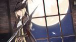  1girl blonde_hair bloodborne bow cravat expressionless hair_bow hat hat_feather highres lady_maria_of_the_astral_clocktower looking_at_viewer onigensou ponytail solo the_old_hunters tricorne upper_body weapon 