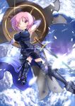  1girl arm_behind_back armor armored_boots armpits bangs bare_shoulders beltskirt black_boots black_gloves black_leotard blue_sky blurry blush boots breasts closed_mouth clouds cloudy_sky day depth_of_field elbow_gloves eyebrows_visible_through_hair fallstreak_hole fate/grand_order fate_(series) gloves hair_between_eyes hair_over_one_eye holding holding_shield knee_boots large_breasts lasy leotard light_particles looking_at_viewer outline petals pink_hair purple_legwear sheath sheathed shield shielder_(fate/grand_order) shiny shiny_clothes short_hair sky smile solo sparkle sword thigh-highs thigh_strap violet_eyes weapon 