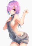 1girl backless_outfit bangs bare_back blush breasts closed_mouth contrapposto cowboy_shot dress eyebrows_visible_through_hair fate/grand_order fate_(series) grey_background hair_over_one_eye halterneck hand_on_own_chest highres jazztaki large_breasts looking_at_viewer naked_sweater no_bra no_panties open-back_dress purple_hair ribbed_sweater shielder_(fate/grand_order) short_hair sideboob simple_background solo sweater sweater_dress turtleneck turtleneck_sweater type-moon violet_eyes virgin_killer_sweater