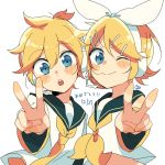  &gt;;) 1boy 1girl :o anniversary blonde_hair blue_eyes blush bow brother_and_sister crop_top detached_sleeves hair_bow hair_ornament hairclip headphones headset kagamine_len kagamine_rin looking_at_viewer necktie one_eye_closed open_mouth reizoooko sailor_collar short_hair siblings signature smile twins v vocaloid yellow_necktie 