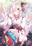  1girl :d animal bird chicken choker feathers flower fur_trim hair_feathers hair_flower hair_ornament highres japanese_clothes kimono lavender_eyes long_hair obi one_eye_closed open_mouth original pale_skin revision rooster sash smile solo umiko_(munemiu) white_hair wide_sleeves wings year_of_the_rooster 