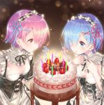  2girls birthday birthday_cake blowing blue_eyes blue_hair blush breasts breath cake candle cleavage detached_sleeves eyes_visible_through_hair food frilled_sleeves frills fruit hair_ornament hair_over_one_eye hair_ribbon hands_on_own_chest happy_birthday looking_down maid maid_headdress medium_breasts multiple_girls pink_ribbon purple_ribbon ram_(re:zero) re:zero_kara_hajimeru_isekai_seikatsu red_ribbon rem_(re:zero) ribbon ribbon_trim short_hair siblings sisters small_breasts strawberry twins underbust upper_body x_hair_ornament yasuyuki 