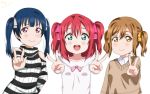  &gt;:) 3girls :d alternate_hairstyle aqua_eyes bangs blue_hair brown_eyes brown_hair dated double_v hair_ribbon highres kunikida_hanamaru kurosawa_ruby looking_at_viewer love_live! love_live!_sunshine!! multiple_girls open_mouth pink_ribbon redhead ribbed_sweater ribbon shoulder_cutout simple_background smile sooki striped striped_sweater sweater tsushima_yoshiko twintails twintails_day two_side_up upper_body v violet_eyes white_background white_ribbon yellow_ribbon 