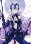  1girl armor armored_dress black_gloves blonde_hair breasts chains dangmill fate/grand_order fate_(series) flag gloves headpiece jeanne_alter long_hair looking_at_viewer ruler_(fate/apocrypha) smile solo sword weapon yellow_eyes 