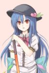  1girl blue_hair blush bow collared_shirt dress dress_shirt food food_on_head fruit fruit_on_head fuussu_(21-kazin) hat hinanawi_tenshi layered_dress long_hair looking_at_viewer object_on_head open_mouth peach puffy_short_sleeves puffy_sleeves red_eyes sash shirt short_sleeves solo sword_of_hisou touhou very_long_hair 