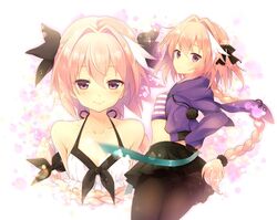  1boy ass blush braid fate/apocrypha fate_(series) hair_ribbon long_hair looking_at_viewer male_focus multiple_views open_mouth pantyhose pantyhouse pink_hair ribbon rider_of_black single_braid skirt smile thighband_pantyhose tougetsu_hajime trap violet_eyes 