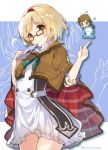  1boy 1girl blonde_hair brown_eyes capelet chibi_inset closed_mouth cowboy_shot djeeta_(granblue_fantasy) dress envelope glasses gran_(granblue_fantasy) granblue_fantasy hairband holding looking_at_viewer mishima_kurone red-framed_eyewear short_hair smile solo_focus twitter_username white_dress zoom_layer 