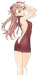  1girl aran_sweater arms_up ass backless_outfit bangs bare_back bare_shoulders blue_eyes breasts brown_hair dress from_behind hair_between_eyes halterneck hands_in_hair light_smile long_hair looking_at_viewer looking_back naked_sweater neon_genesis_evangelion nishieda open-back_dress parted_lips ribbed_sweater simple_background small_breasts solo souryuu_asuka_langley sweater sweater_dress turtleneck turtleneck_sweater virgin_killer_sweater white_background 