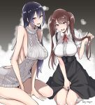  2girls :d backless_outfit bad_anatomy bad_proportions bare_shoulders black_hair breasts brown_eyes brown_hair heart heart-shaped_pupils highres isao long_hair looking_at_viewer multiple_girls open_mouth original seiza sideboob sitting smile symbol-shaped_pupils very_long_hair virgin_killer_outfit virgin_killer_sweater 