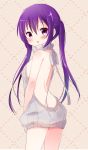  1girl aran_sweater ass backless_outfit bangs bare_back bare_shoulders blush breasts brown_background dress embarrassed eyebrows_visible_through_hair gochuumon_wa_usagi_desu_ka? hair_between_eyes halterneck long_hair looking_at_viewer looking_back medium_breasts naked_sweater open-back_dress parted_lips purple_hair ribbed_sweater sideboob simple_background solo sweater sweater_dress tedeza_rize tsubaki_(tatajd) turtleneck turtleneck_sweater twintails violet_eyes virgin_killer_sweater 