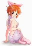  1girl :3 abe_nana aran_sweater arm_support ass backless_outfit bangs bare_back bare_shoulders blush breasts brown_eyes butt_crack dress eyebrows_visible_through_hair full_body hair_ribbon halterneck idolmaster idolmaster_cinderella_girls looking_at_viewer looking_back medium_breasts open-back_dress orange_hair parted_lips pink_ribbon ponytail ribbed_sweater ribbon shadow short_hair sideboob simple_background smile solo sweater sweater_dress tareme turtleneck turtleneck_sweater virgin_killer_sweater white_background yasuhito 
