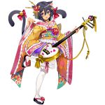  1girl :3 animal_ears black_hair cat_ears character_request earrings floral_print flower full_body grey_eyes hair_flower hair_ornament instrument_request japanese_clothes jewelry nail_polish official_art open_mouth paw_pose red_nails sandals sengoku_providence solo standing standing_on_one_leg white_legwear wide_sleeves 