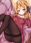  1girl anchor_hair_ornament blonde_hair blue_eyes blush commentary_request couch hair_ornament kantai_collection looking_at_viewer low_twintails lying on_back panties panties_under_pantyhose pantyhose prinz_eugen_(kantai_collection) ribbed_sweater smile solo sweater thighband_pantyhose twintails unacchi_(nyusankin) underwear 