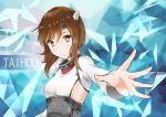  1girl breasts brown_eyes brown_hair character_name hazama_aida kantai_collection looking_at_viewer outstretched_arm short_hair_with_long_locks sideboob sidelocks smile solo taihou_(kantai_collection) upper_body 