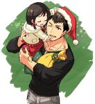  1boy 1girl :d belt black_hair bow child christmas closed_eyes collarbone dog_tags green_background hair_bow hat holding idolmaster idolmaster_side-m koutake_hiroyoshi one_eye_closed open_mouth santa_hat shingen_seiji short_twintails smile sparkle twintails uncle_and_niece violet_eyes winter_clothes 