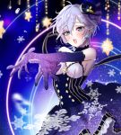  1girl anastasia_(idolmaster) bare_shoulders blue_eyes breasts dress elbow_gloves gloves hana_shiori hat highres idolmaster idolmaster_cinderella_girls idolmaster_cinderella_girls_starlight_stage mini_hat mini_top_hat open_mouth short_hair silver_hair snowflakes solo top_hat 