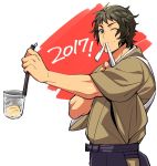  1boy 2017 ;) adjusting_clothes brown_eyes brown_hair enjouji_michiru food hakama idolmaster idolmaster_side-m japanese_clothes koutake_hiroyoshi male_focus new_year noodles one_eye_closed smile soba solo tasuki 