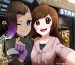  2girls :d ;) adapted_costume armband artist_name asymmetrical_hair bangs black_shirt blurry blurry_background bokeh brown_eyes brown_hair casual collarbone d.va_(overwatch) dark_skin dated day depth_of_field fingerless_gloves frilled_shirt frills gloves highres long_hair long_sleeves looking_at_viewer makeup mascara mole mole_under_eye multicolored_hair multiple_girls one_eye_closed open_mouth outdoors overwatch purple_gloves purple_hair self_shot shirt short_sleeves shrimpcake smile sombra_(overwatch) swept_bangs teeth turtleneck two-tone_hair undercut undershirt violet_eyes whisker_markings 