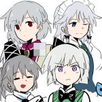  4girls artist_self-insert black_hairband blob blue_eyes braid closed_eyes color_connection color_palette frown grey_hair grey_wings hair_color_connection hairband hat izayoi_sakuya kishin_sagume konpaku_youmu looking_at_viewer maid_headdress mononobe_no_futo multiple_girls one_eye_closed open_mouth ponytail red_eyes short_hair single_wing sisikuku smile tate_eboshi touhou twin_braids upper_body violet_eyes wings 