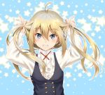  1girl antenna_hair arms_up bangs blonde_hair blue_background blue_eyes bunching_hair buttons clenched_teeth double-breasted eyebrows_visible_through_hair grin hair_between_eyes highres long_hair long_sleeves looking_at_viewer original pinakes shirt smile solo star starry_background teeth twintails twintails_day upper_body vest white_shirt 