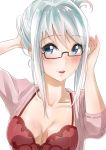  1girl arms_up babydoll bangs blush breasts cardigan close-up collarbone eyebrows_visible_through_hair glasses hair_between_eyes hair_intakes highres looking_at_viewer medium_breasts murabito_c open_cardigan open_clothes parted_lips school_girl_strikers semi-rimless_glasses short_hair_with_long_locks simple_background smile solo teeth tierra-sensei under-rim_glasses white_background 
