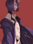  1girl amino_(tn7135) bare_shoulders blood blood_splatter breasts cowboy_shot detached_sleeves fate/grand_order fate_(series) from_side halterneck licking_lips long_sleeves oni_horns profile purple_hair red_background revealing_clothes short_eyebrows short_hair shuten_douji_(fate/grand_order) small_breasts solo tongue tongue_out violet_eyes wide_sleeves 
