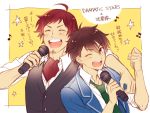  2boys ahoge arm_around_neck beamed_quavers blush brown_eyes brown_hair clenched_hand closed_eyes ensemble_stars! facial_hair goatee green_necktie idolmaster idolmaster_side-m male_focus microphone morisawa_chiaki multiple_boys music musical_note necktie one_eye_closed quaver redhead school_uniform shiron_(shiro_n) singing star tendou_teru trait_connection upper_body waistcoat yellow_background 