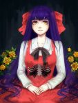  1girl black_bow bow dragonfish_(3039184) dress ellen_(majo_no_ie) flower long_hair long_sleeves looking_at_viewer majo_no_ie purple_hair red_bow red_dress rose skeleton solo yellow_eyes yellow_rose 