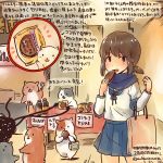  1girl :d animal bag blue_scarf blue_skirt brown_eyes brown_hair comitia commentary_request dated food fubuki_(kantai_collection) hamster holding holding_food kantai_collection kirisawa_juuzou long_sleeves open_mouth paper_bag pleated_skirt sailor_collar scarf school_uniform serafuku shopping_bag short_hair short_ponytail skirt smile traditional_media translation_request twitter_username 