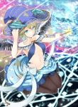  1girl black_legwear blue_eyes blue_hat breasts cleavage collarbone hat hazama_aida holding magic medium_breasts navel original pantyhose short_hair solo swimsuit wings witch_hat 