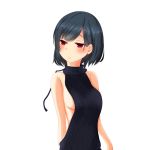  1girl aran_sweater backless_outfit bangs bare_shoulders black_dress black_hair black_sweater breasts closed_mouth dress eyebrows_visible_through_hair halterneck hotaru_(pixiv9997209) medium_breasts naked_sweater no_bra open-back_dress original pink_lips red_eyes ribbed_sweater short_hair sideboob simple_background solo sweater sweater_dress turtleneck turtleneck_sweater virgin_killer_sweater white_background 