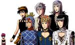  1girl 6+boys black_eyes black_hair blonde_hair bob_cut bra braid brooch bruno_buccellati choker earrings giorno_giovanna green_eyes grey_hair guido_mista hair_ornament hairband hairclip hat honchu jewelry jojo_no_kimyou_na_bouken ladybug leone_abbacchio lipstick long_hair makeup midriff multiple_boys narancia_ghirga navel pannacotta_fugo red_lipstick shaded_face short_hair silver_hair single_braid strap translation_request trish_una underwear wristband 