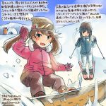  2girls :d animal black_eyes black_hair black_shoes blue_gloves blue_jacket brown_eyes brown_hair brown_pants commentary_request dated day gloves goggles goggles_on_head hamster igloo jacket kantai_collection kirisawa_juuzou long_hair multiple_girls non-human_admiral_(kantai_collection) open_mouth pants pink_gloves pink_jacket red_shoes ryuujou_(kantai_collection) shoes ski_goggles skiing smile snow_shelter snowboard snowboarding traditional_media translation_request twintails twitter_username ushio_(kantai_collection) white_pants winter winter_clothes 