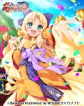  1girl armpits blonde_hair bow bucchake_(asami) confetti detached_sleeves dress enjutsu green_eyes koihime_musou long_hair obi open_mouth outdoors outstretched_arm outstretched_hand ribbon sash shin_koihime_musou smile solo very_long_hair 