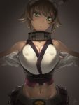  1girl amino_(tn7135) artist_name bangs breast_squeeze breasts brown_hair collarbone erect_nipples gloves green_eyes grey_background halter_top halterneck head_tilt headgear kantai_collection large_breasts looking_at_viewer mutsu_(kantai_collection) navel parted_lips pleated_skirt short_hair skirt solo white_gloves 