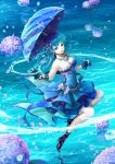  1girl 2016 bare_shoulders black_legwear blue blue_dress blue_eyes blue_gloves blue_hair blue_shoes dress flower full_body gloves high_heels holding holding_umbrella jewelry long_hair looking_at_viewer matsumura_(30003) necklace original parted_lips reflection shoes socks solo umbrella water 