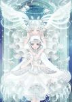  2girls absurdres angel angel_wings arch cyrsullufotleaf dress fantasy flower frilled_dress frills highres hood long_hair multiple_girls open_mouth original silver_hair sky smile standing star_(sky) starry_sky white white_dress white_flower white_hair wings 