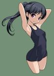  1girl arms_behind_head arms_up black_hair cowboy_shot cropped_legs green_background grey_background light_smile long_hair looking_at_viewer original ponytail rohitsuka school_swimsuit simple_background solo swimsuit twintails violet_eyes 