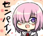  1girl :d blush_stickers commentary_request engiyoshi fate/grand_order fate_(series) glasses hair_over_one_eye necktie open_mouth purple_hair shielder_(fate/grand_order) short_hair smile solo translation_request violet_eyes 