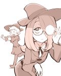  2girls :&lt; adjusting_glasses belt bespectacled boots closed_mouth collared_shirt dress freckles glasses glasses_switch hair_over_one_eye half-closed_eyes hand_up hat hood hood_down leaning_forward little_witch_academia long_hair looking_at_viewer lotte_yanson md5_mismatch monochrome multiple_girls neck_ribbon no_glasses open_mouth outstretched_arms outstretched_hand ribbon round_glasses round_teeth semi-rimless_glasses shirt short_hair simple_background sketch source_request sucy_manbavaran teeth ueyama_michirou walking white_background wide_sleeves witch witch_hat 