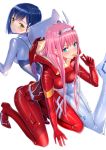  2girls :p arm_support bangs blue_eyes blue_hair blush bodysuit breasts candy closed_mouth commentary_request darling_in_the_franxx eyebrows_visible_through_hair food green_eyes grey_bodysuit hair_ornament highres holding holding_lollipop horns ichigo_(darling_in_the_franxx) kneeling lollipop long_hair looking_at_viewer lying medium_breasts multiple_girls on_stomach pilot_suit pink_hair red_bodysuit short_hair simple_background smile swordsouls tongue tongue_out very_long_hair white_background zero_two_(darling_in_the_franxx) 