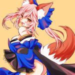 1girl :d animal_ears ass bad_id bad_pixiv_id bare_shoulders blue_ribbon blush cowboy_shot detached_sleeves fate/grand_order fate_(series) fox_ears fox_tail from_side hair_ribbon japanese_clothes kimono long_hair long_sleeves looking_at_viewer looking_to_the_side obi off_shoulder open_mouth pelvic_curtain pink_hair ribbon sash sheepd smile solo tail tamamo_(fate)_(all) tamamo_no_mae_(fate) twintails wide_sleeves yellow_eyes 