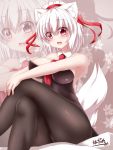  1girl animal_ears bare_shoulders between_breasts black_legwear breasts fang hajime_(ak-r) hat highres inubashiri_momiji large_breasts legs_crossed looking_at_viewer necktie necktie_between_breasts open_mouth red_eyes red_necktie short_hair silver_hair solo tail thigh-highs tokin_hat touhou wolf_ears wolf_tail zoom_layer 