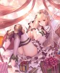  1girl bangs blonde_hair dress fairy_wings frilled_dress frilled_legwear frills gift hair_between_eyes highres holding holding_sword holding_weapon layered_dress leg_armor long_hair looking_at_viewer parted_lips pointy_ears puffy_short_sleeves puffy_sleeves red_eyes shadowverse sheath sheathed shingeki_no_bahamut short_sleeves smile solo sword tachikawa_mushimaro thigh-highs thighs tiara watermark weapon white_dress white_legwear wings 