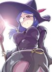 1girl belt black_dress blue_hair crescent dress eyelashes feathers glasses hair_over_shoulder hat hat_feather little_witch_academia looking_at_viewer red_eyes simple_background sketch smile solo ueyama_michirou ursula_(little_witch_academia) wand white_background wide_sleeves witch witch_hat 