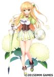  1girl annabelle_(flower_knight_girl) blonde_hair brooch corset cravat eyebrows_visible_through_hair flower flower_knight_girl full_body gloves green_eyes jewelry lance long_hair looking_at_viewer object_namesake polearm shield shoes side_ponytail skirt smile solo standing tenmitsuyuka weapon white_gloves 
